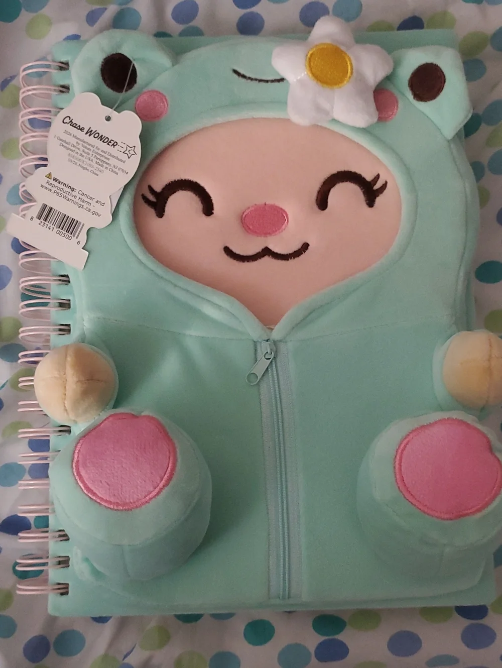 Chase Wonder Plush Zippered Kids Notebook - Mint with Pink Accents